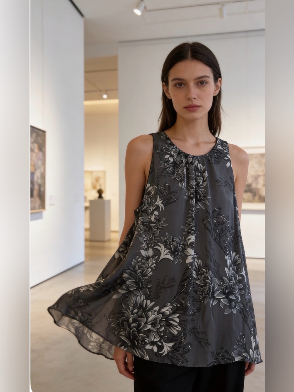Vince Camuto Charcoal Gray Floral Sleeveless Blouse